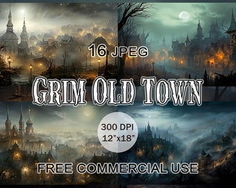 Finstere Altstadt Clipart, Dunkle ästhetische gothic Clipart, Dunkle Cottagecore mystische Clipart, Märchenhafte Landschaft Clipart, kostenlose kommerzielle Nutzung