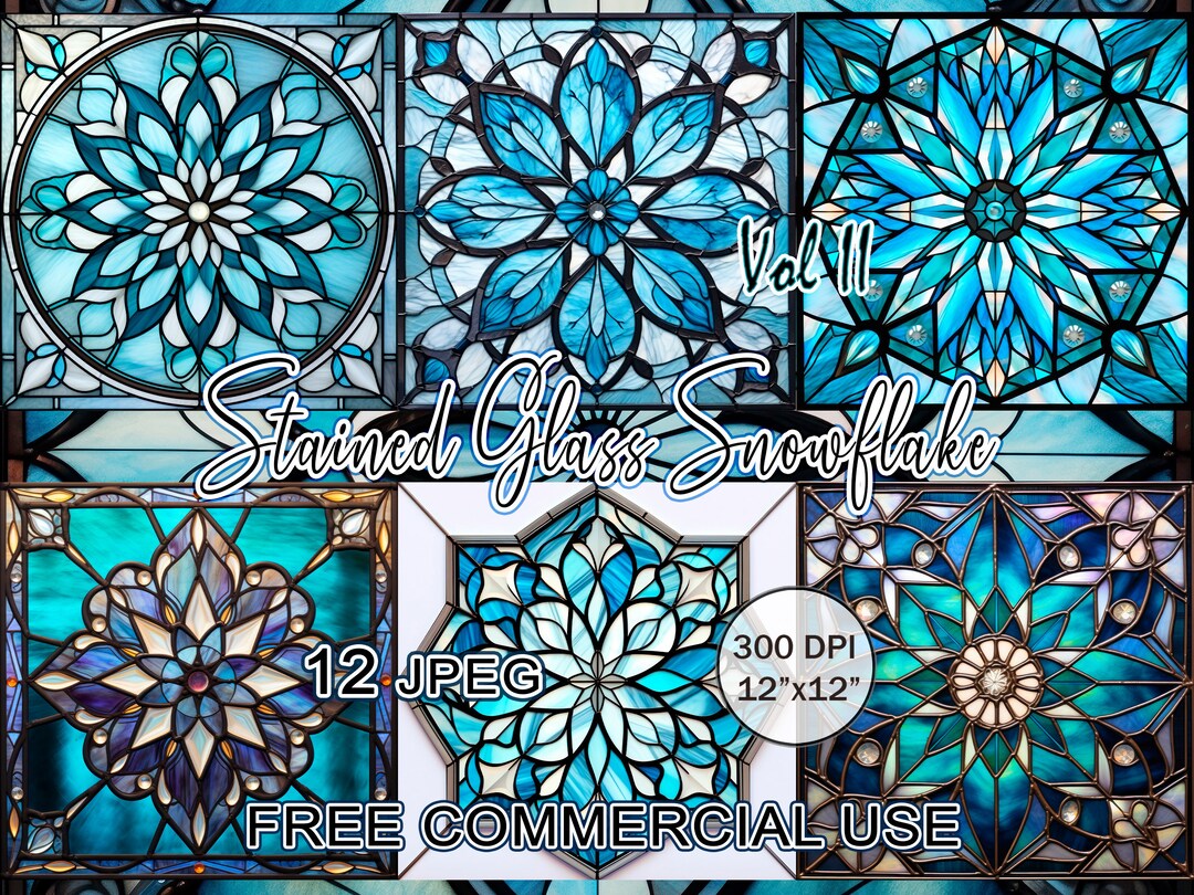 Stained Glass Snowflake Clipart, Art Nouveau Printable Images, Stain