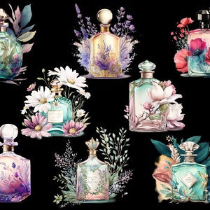 May include: Seven glass perfume bottles with different floral designs. Each bottle has a unique stopper and is surrounded by flowers and leaves. The bottles are clear and have a variety of colors, including blue, green, pink, and purple.