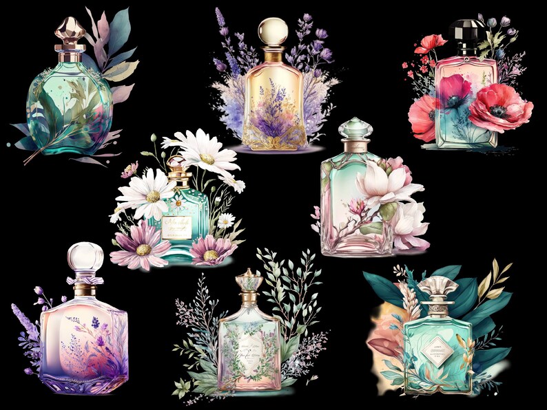 May include: Seven glass perfume bottles with different floral designs. Each bottle has a unique stopper and is surrounded by flowers and leaves. The bottles are clear and have a variety of colors, including blue, green, pink, and purple.
