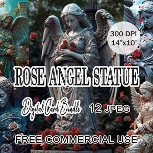 Afbeelding gotische engel met rozen voor afdrukbare kaarten en ontwerpen | 12 antieke stenen figuren jpeg-achtergrond, gratis commercieel gebruik