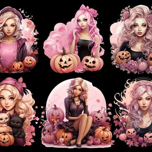 May include: Six digital illustrations of women with pink hair and black clothing. Each illustration features a woman with a different pose and expression. The illustrations are set against a background of pink and white clouds, leaves, and pumpkins.