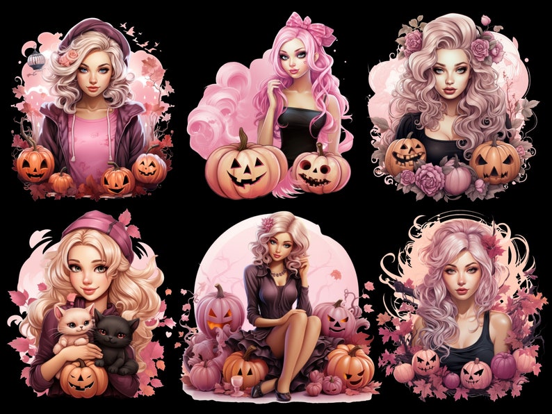 May include: Six digital illustrations of women with pink hair and black clothing. Each illustration features a woman with a different pose and expression. The illustrations are set against a background of pink and white clouds, leaves, and pumpkins.