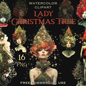 Clipart de dama del árbol de Navidad, paquete de retratos de niña hada de abeto, arte digital navideño, imágenes originales de invierno para collage, uso comercial gratuito