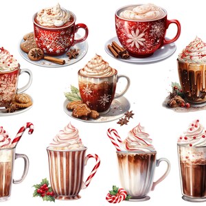 May include: Nine different mugs of hot chocolate with whipped cream and various toppings, including candy canes, chocolate syrup, and sprinkles. The mugs are decorated with festive winter designs.