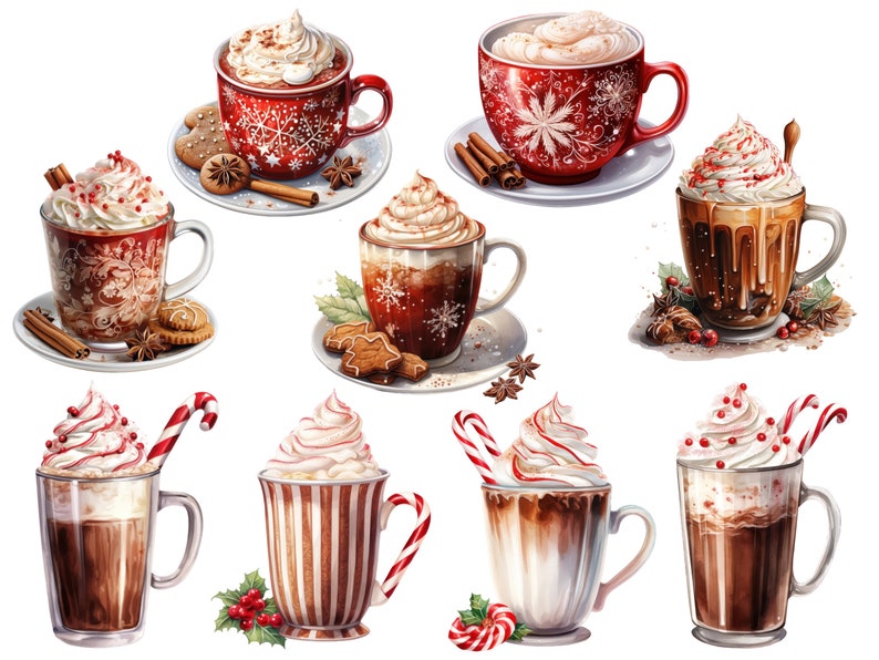 May include: Nine different mugs of hot chocolate with whipped cream and various toppings, including candy canes, chocolate syrup, and sprinkles. The mugs are decorated with festive winter designs.