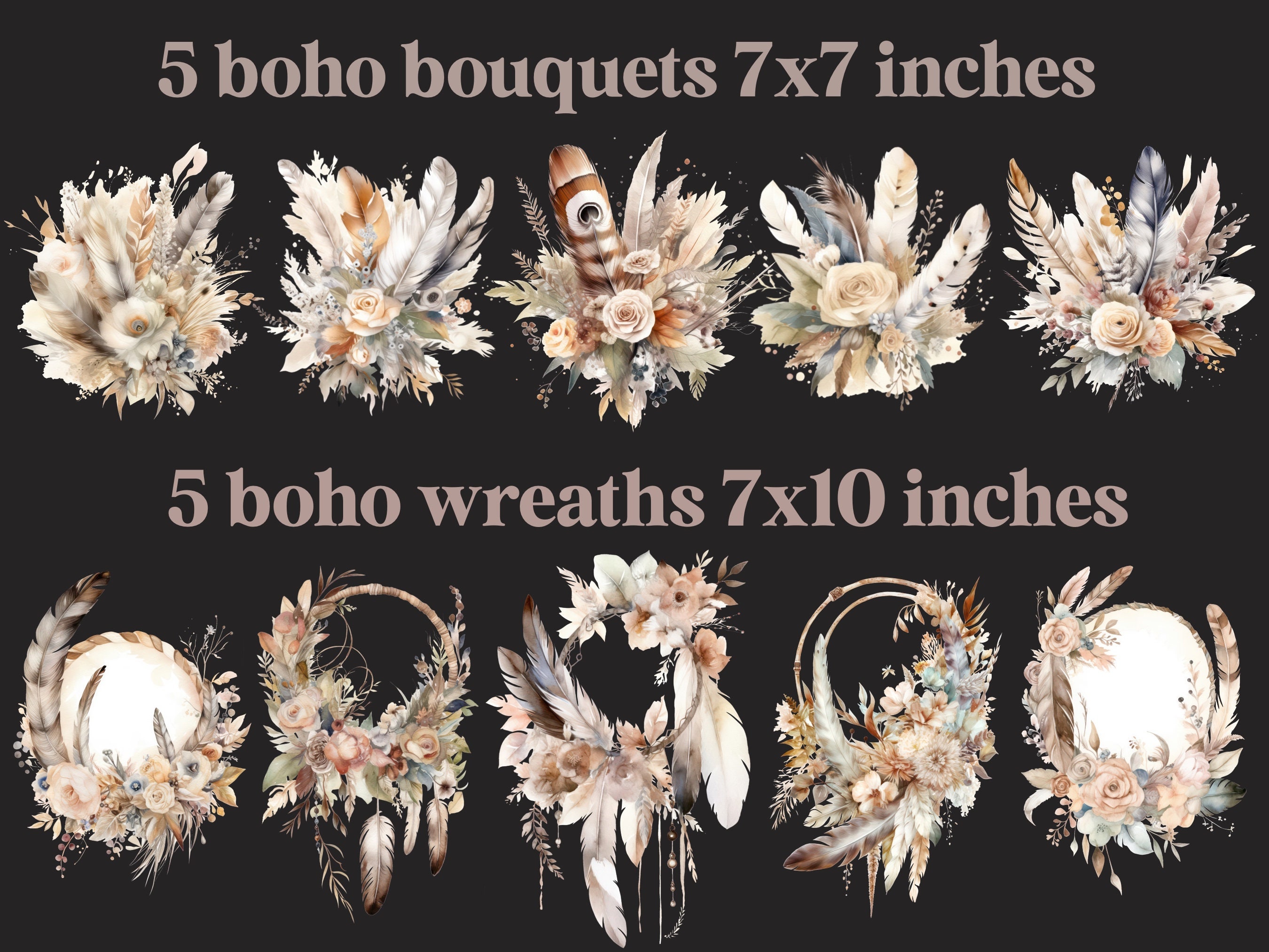Neutral Boho Flower Wreath Clipart, Wedding Bouquet With Feathers Png ...