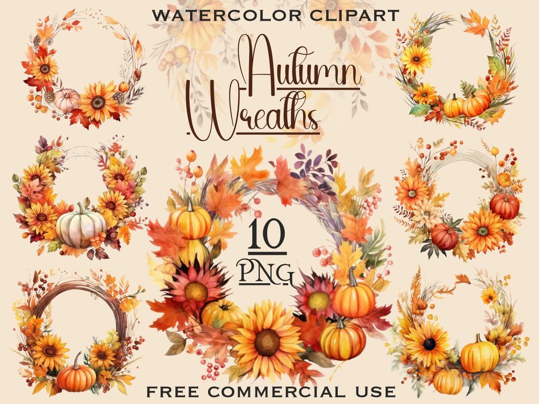 Autumn Wreath Clipart, Watercolor Fall Wreath Png Bundle, Transparent ...