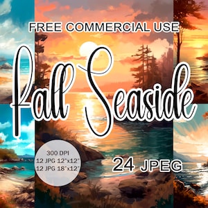 Fall Seaside clipart, Autumn beach landscape colorfull images bundle, Coastal art for print, collage, scrapbook etc., Free commercial use