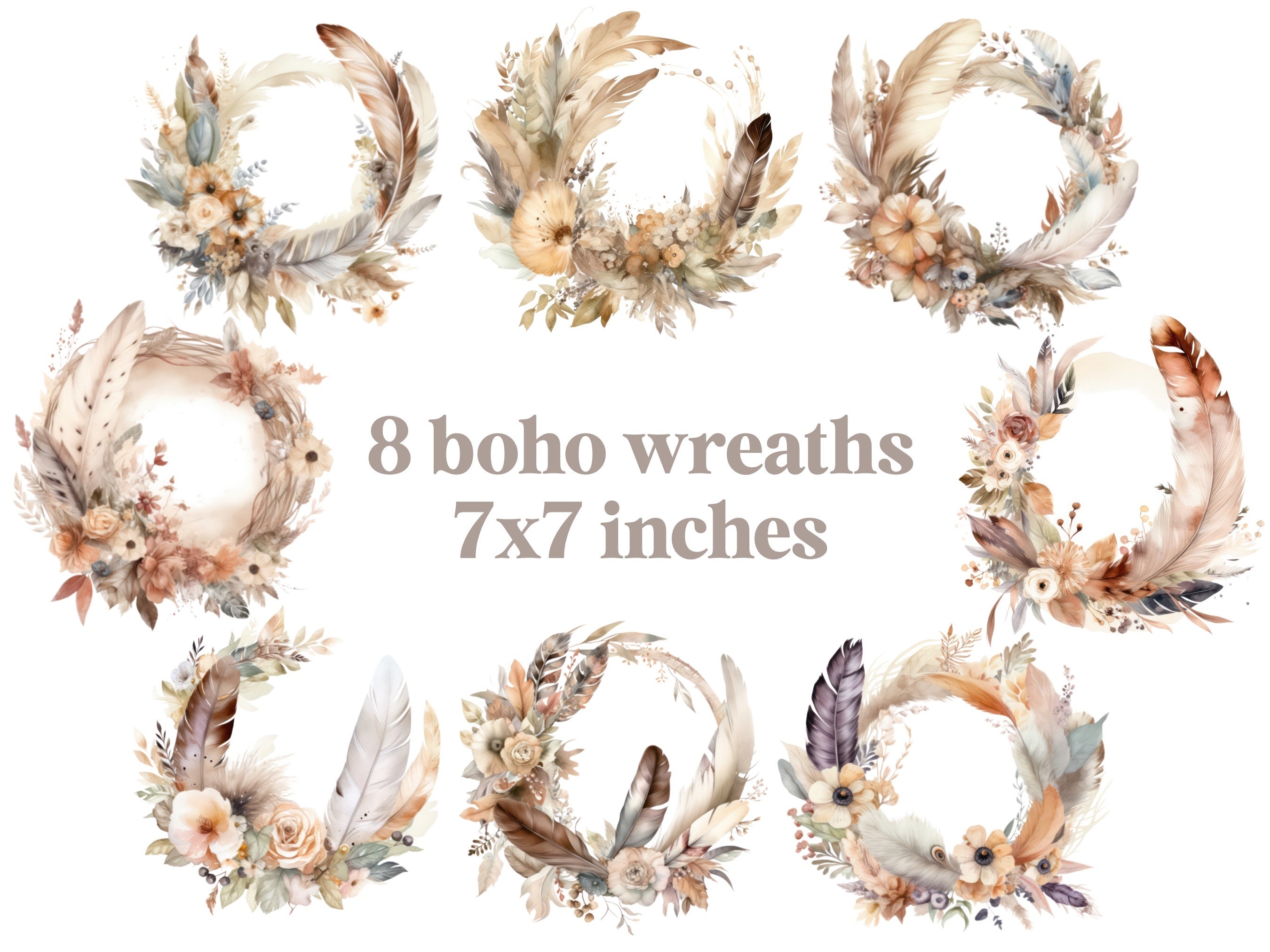 Neutral Boho Flower Wreath Clipart, Wedding Bouquet With Feathers Png ...
