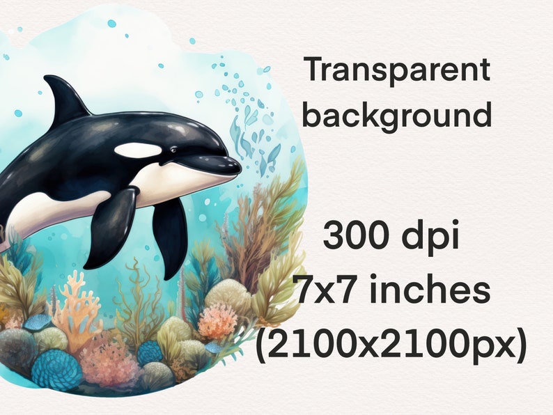 May include: A black and white orca whale swims through a blue and green underwater scene with coral and seaweed. The background is transparent. The image is 7x7 inches and 300 dpi.