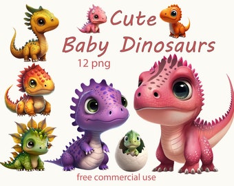 May include: Twelve digital illustrations of cute baby dinosaurs in various colors, including yellow, orange, green, purple, and pink. The dinosaurs have large eyes and are in different poses. The text "Cute Baby Dinosaurs 12 png free commercial use" is at the bottom of the image.