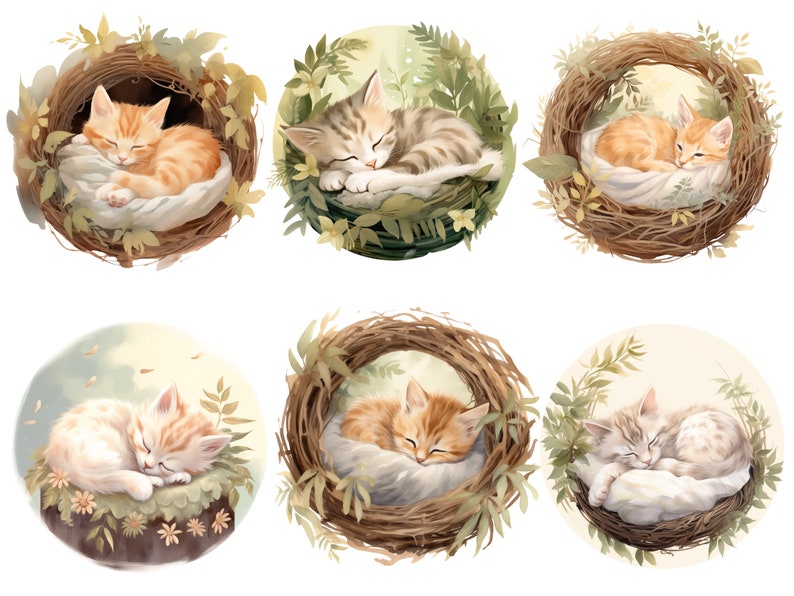 Puede incluir: Seis ilustraciones de gatitos durmiendo en nidos hechos de ramitas y hojas. Los gatitos son de varios colores, incluyendo naranja, blanco y atigrado. Los nidos est&aacute;n rodeados de hojas verdes y flores.