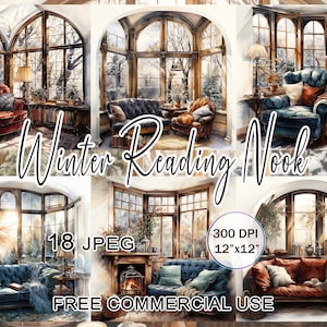 Winter reading nook bundle, Book nook clipart,  Cozy reading nook clipart, Book lover vlipart, Winter clipart, Watercolor book clipart