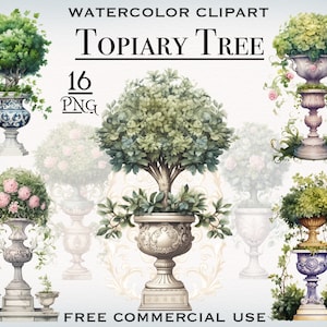 Bundle PNG d'arbre topiaire, clipart de jardin, plantes en pot png, arbre de fleurs en pot png, clipart floral, art de plantes de jardin, art numérique de jardin