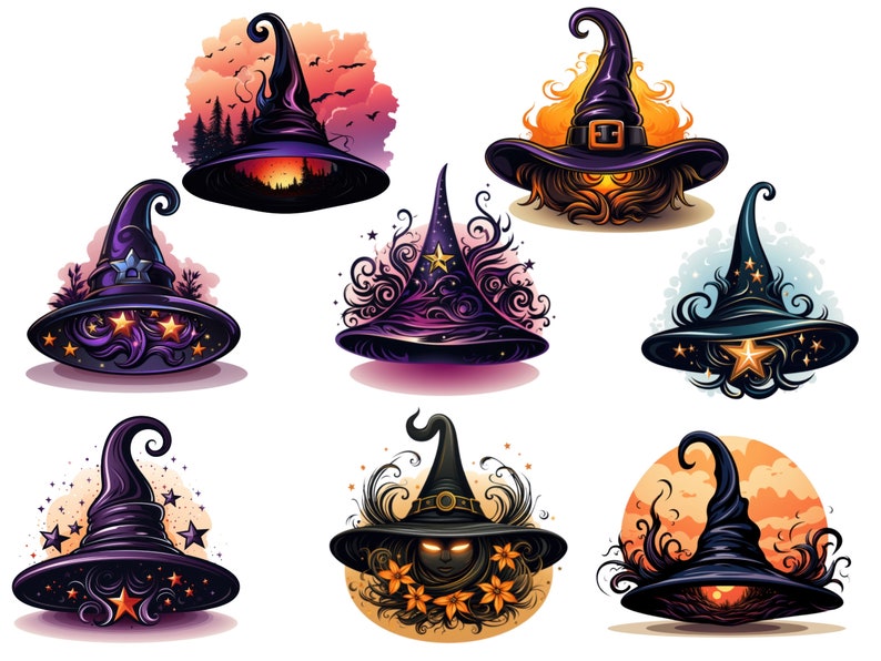 May include: A collection of seven stylized witch hats in various designs. The hats are primarily purple and black, with decorative elements like stars, swirls, and flames. Some hats feature a sunset or fiery background, perfect for Halloween.
