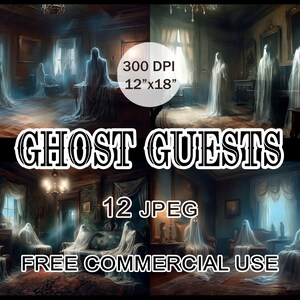 Ghost Guests clipart, Spooky gosts Halloween art bundle, Mystical horror interrior images for design, collage, prints, Free commercial use