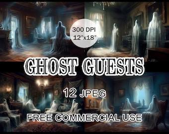 Ghost Guests clipart, Spooky gosts Halloween art bundle, Mystical horror interrior images for design, collage, prints, Free commercial use