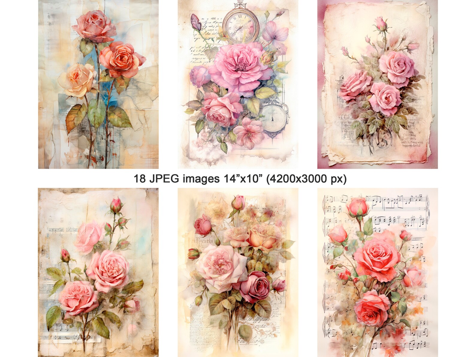 Vintage Paper Shabby Roses Card Bundle, Watercolor Shabby Chic Roses ...