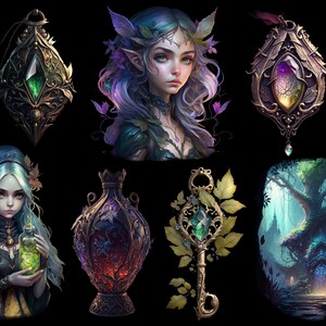 May include: A collection of fantasy-themed jewelry and decor featuring intricate designs with green and purple gemstones. The items include a pendant, a key, a bottle, and a forest scene.