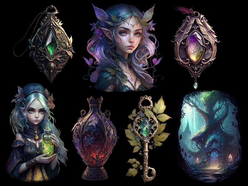 May include: A collection of fantasy-themed jewelry and decor featuring intricate designs with green and purple gemstones. The items include a pendant, a key, a bottle, and a forest scene.