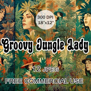 Groovy Jungle Stoner Girl Clipart, Arte de cannabis digital, Arte de marihuana psicodélica, Arte de pared verde salvia imprimible, Arte de marihuana Henri Rousseau