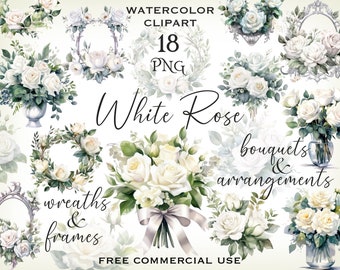 White rose clipart, Watercolor roses png bundle, Wedding flowers design images, Floral wreath, bouquet and arrangements, Free commercial use