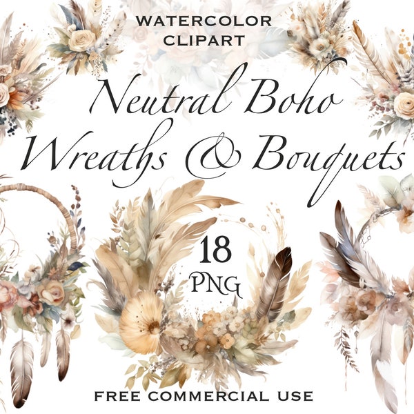 Neutral boho flower wreath clipart, Wedding bouquet with feathers png bundle, Floral decor, Free commercial use for design, prints etc.