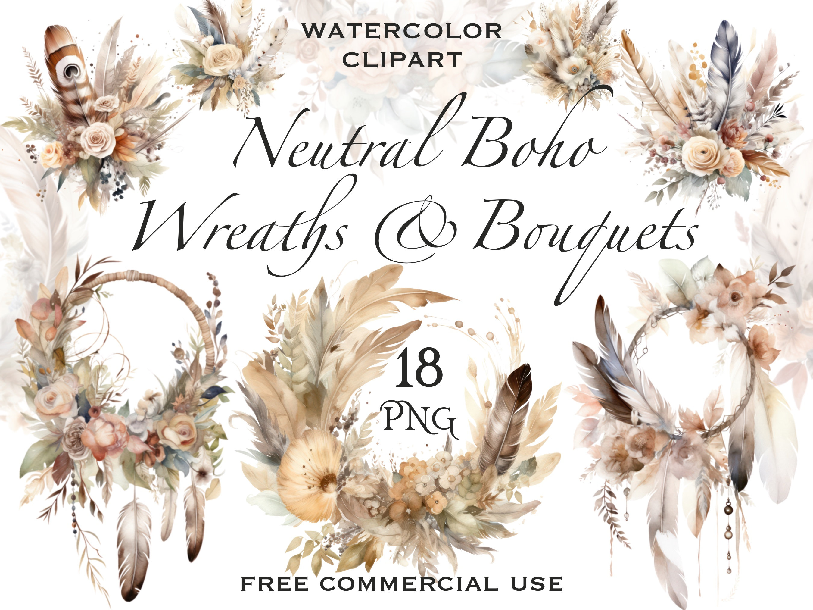 Neutral Boho Flower Wreath Clipart, Wedding Bouquet With Feathers Png ...