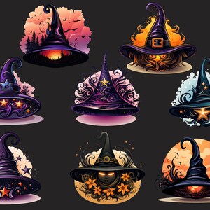 May include: A collection of stylized witch hats in various designs. Each hat features a pointed crown and wide brim, with decorative elements like stars, swirls, and flames. The color palette includes purple, black, orange, and gold, set against a dark background.