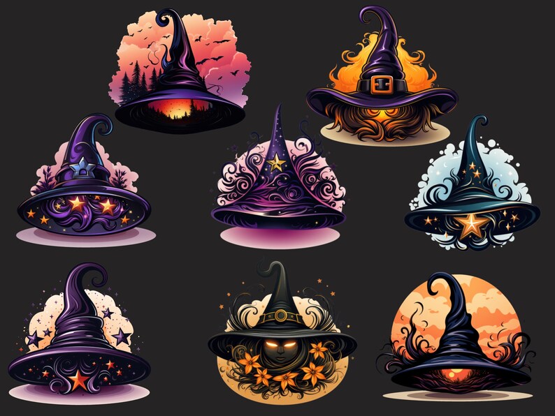 May include: A collection of stylized witch hats in various designs. Each hat features a pointed crown and wide brim, with decorative elements like stars, swirls, and flames. The color palette includes purple, black, orange, and gold, set against a dark background.