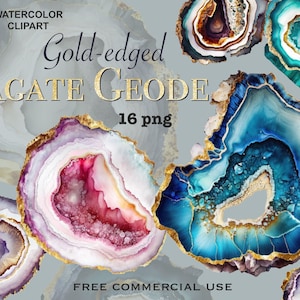 Puede incluir: Clipart de acuarela de 16 ilustraciones de geodas de ágata con bordes dorados. Las ilustraciones de geodas presentan varios colores, incluyendo azul, morado, rosa y blanco. Las ilustraciones de geodas están rodeadas por un contorno dorado.