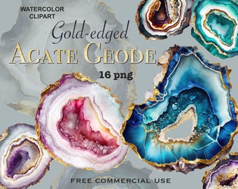 May include: Watercolor clipart of 16 gold-edged agate geode illustrations. The geode illustrations feature various colors, including blue, purple, pink, and white. The geode illustrations are surrounded by a gold outline.