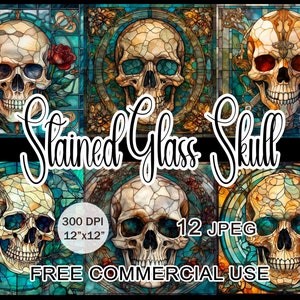 Human skull stained glass clipart, Gothic ephemera bundle, Art nouveau printable images for collage, scrapbook etc., Free commercial use