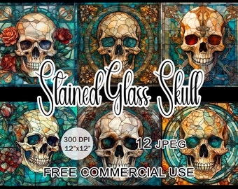 Human skull stained glass clipart, Gothic ephemera bundle, Art nouveau printable images for collage, scrapbook etc., Free commercial use