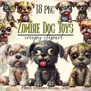 Clipart de brinquedo de cachorro zumbi, pacote engraçado de zumbis de pelúcia de Halloween png, imagens de terror de cães, arte de retrato de animal de estimação assustador, uso comercial gratuito