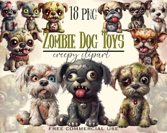 Peut inclure: 18 images PNG de jouets de chien zombie. Les chiens sont dessinés de manière caricaturale et ont des expressions variées. Ils portent tous des tenues et des accessoires différents. Le texte "ZOMBIE DOG TOYS creepy clipart" est écrit en lettres vertes sur un fond brun. Le texte "FREE COMMERCIAL USE" est écrit en lettres blanches sur un fond brun.