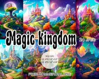 Magic kingdom fantasy landscape clipart, Fairytale medieval castle clipart, Fairy tale castle junk journal kit, Magic castle clip art