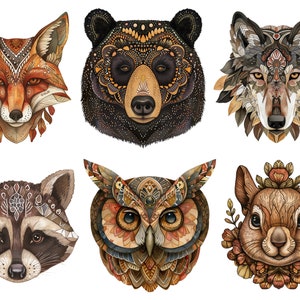 May include: Six colorful animal head illustrations with intricate patterns and designs. The animals are a fox, bear, wolf, raccoon, owl, and squirrel.