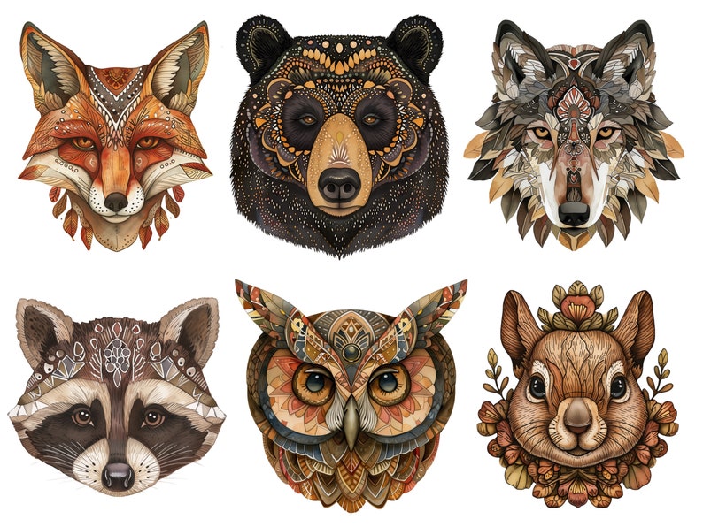 May include: Six colorful animal head illustrations with intricate patterns and designs. The animals are a fox, bear, wolf, raccoon, owl, and squirrel.