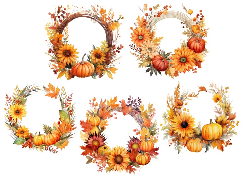 Autumn Wreath Clipart, Watercolor Fall Wreath Png Bundle, Transparent ...