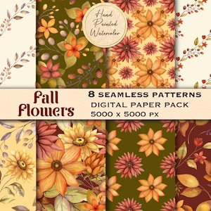 Handgemaltes digitales Blumenpapier, Aquarell Herbstblumen, sich wiederholendes Muster, Clipart Bundle, Herbst Vibes Bilder, nahtlose digitale Downloads