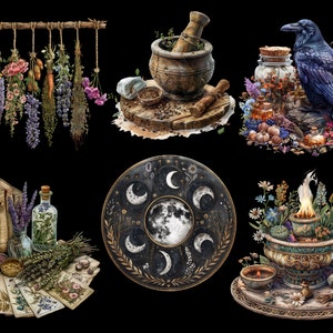 May include: A collection of six illustrations featuring various witchy and magical elements. The illustrations include a mortar and pestle, a raven, a collection of herbs, a set of tarot cards, a moon phase circle, and a cauldron with a flame.