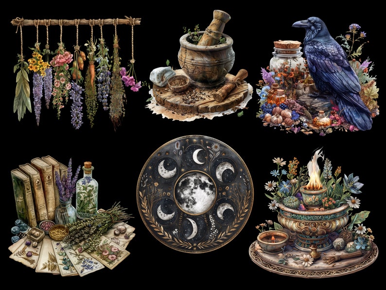 May include: A collection of six illustrations featuring various witchy and magical elements. The illustrations include a mortar and pestle, a raven, a collection of herbs, a set of tarot cards, a moon phase circle, and a cauldron with a flame.