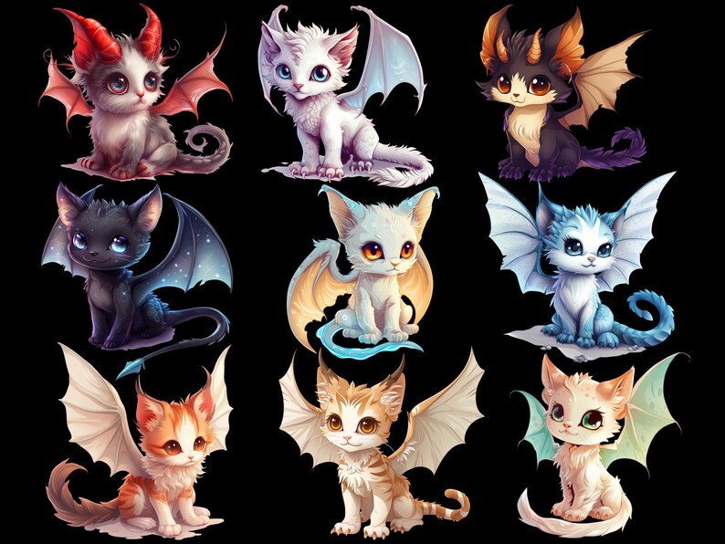 Cute Dragon Cat PNG Bundle, Baby dragon clipart, Cute kitten clipart, Fantasy baby animals png, Fairy cat art, Cute little dragon images image 5