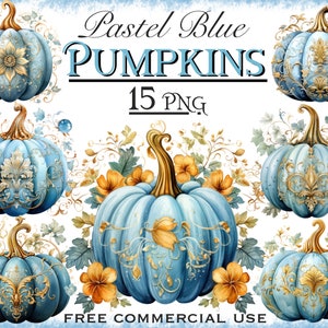 Pastel blue pumpkin clipart, Pumpkins png images bundle, Watercolor autumn ornament design, Fall blue pumpkins png, Free commercial use