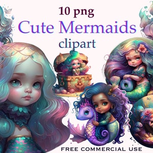 Pu&ograve; includere: Un set di 10 immagini clipart digitali che presentano sirene carine con squame iridescenti, capelli lunghi e fluenti e dettagli fantasiosi. Le sirene sono in varie pose, tra cui nuotare, tenere un forziere del tesoro e coccolare un cavalluccio marino. Le immagini sono perfette per aggiungere un tocco di magia ai tuoi progetti digitali.