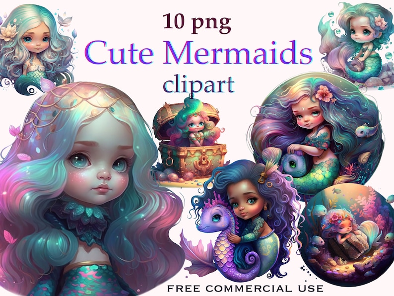 Pu&ograve; includere: Un set di 10 immagini clipart digitali che presentano sirene carine con squame iridescenti, capelli lunghi e fluenti e dettagli fantasiosi. Le sirene sono in varie pose, tra cui nuotare, tenere un forziere del tesoro e coccolare un cavalluccio marino. Le immagini sono perfette per aggiungere un tocco di magia ai tuoi progetti digitali.