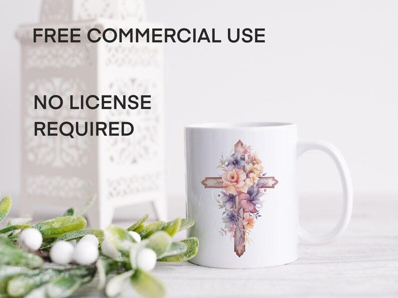 May include: White ceramic mug with a floral cross design. The cross is brown with pink, purple, and yellow flowers. The mug has a handle and is sitting on a white surface. Free commercial use, no license required.