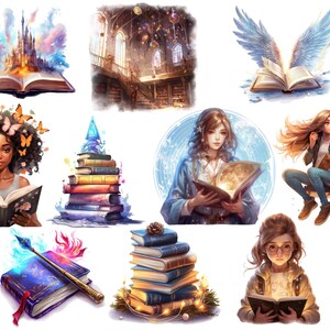 May include: A collection of illustrations featuring books, magic, and fantasy.  The images include a stack of books with a blue crystal on top, a book with wings, a girl reading a book with glowing pages, and a book with a castle rising from its pages.